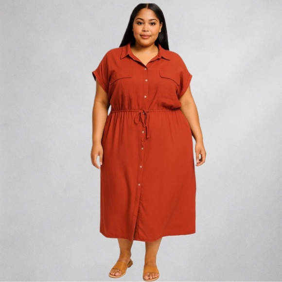 Old Navy Dresses & Skirts - Old Navy Dress 3X Button-Front Shirt Dress Rust Drawstring Waist Pockets NWT